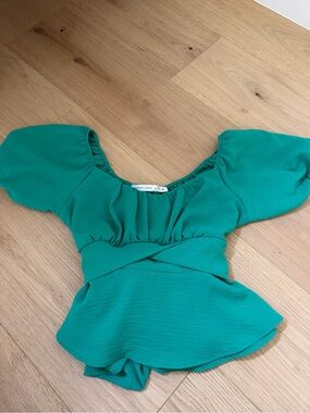 Altar'd State Teal Green Puff-Sleeve Peplum Top